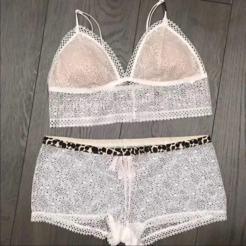 Victorias Secret crochet padded bralette matching Boyshorts Shortie panty set M